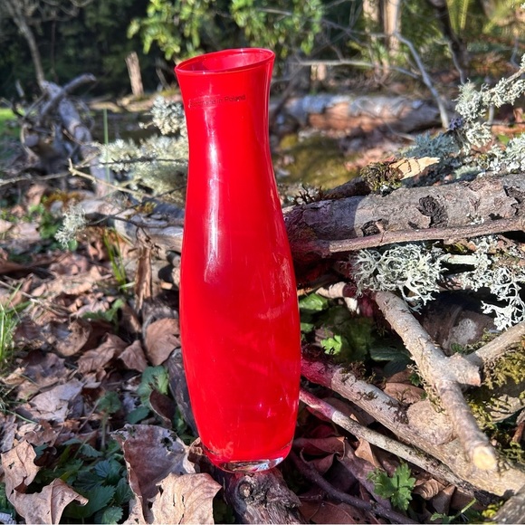 Slender Red Glass Vase Made in Poland 10" inch Tall Translucent Glass Drop Rim - Picture 4 of 8